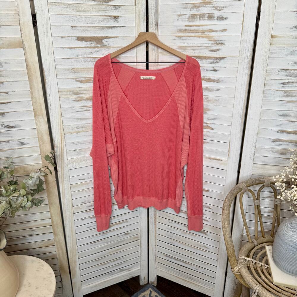FREE PEOPLE Women's Large Santa Clara Oversized V Neck Thermal Sweater Top Pink - Picture 13 of 14